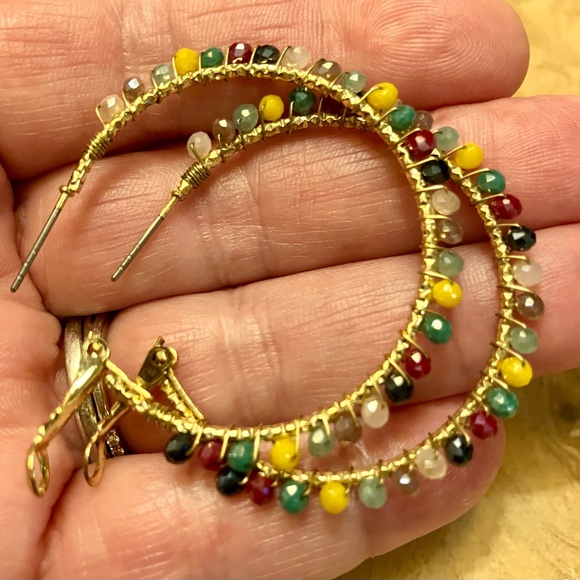 Ladies hoop earrings, gold with colorful shiny beads all around the hoops. - Picture 7 of 11